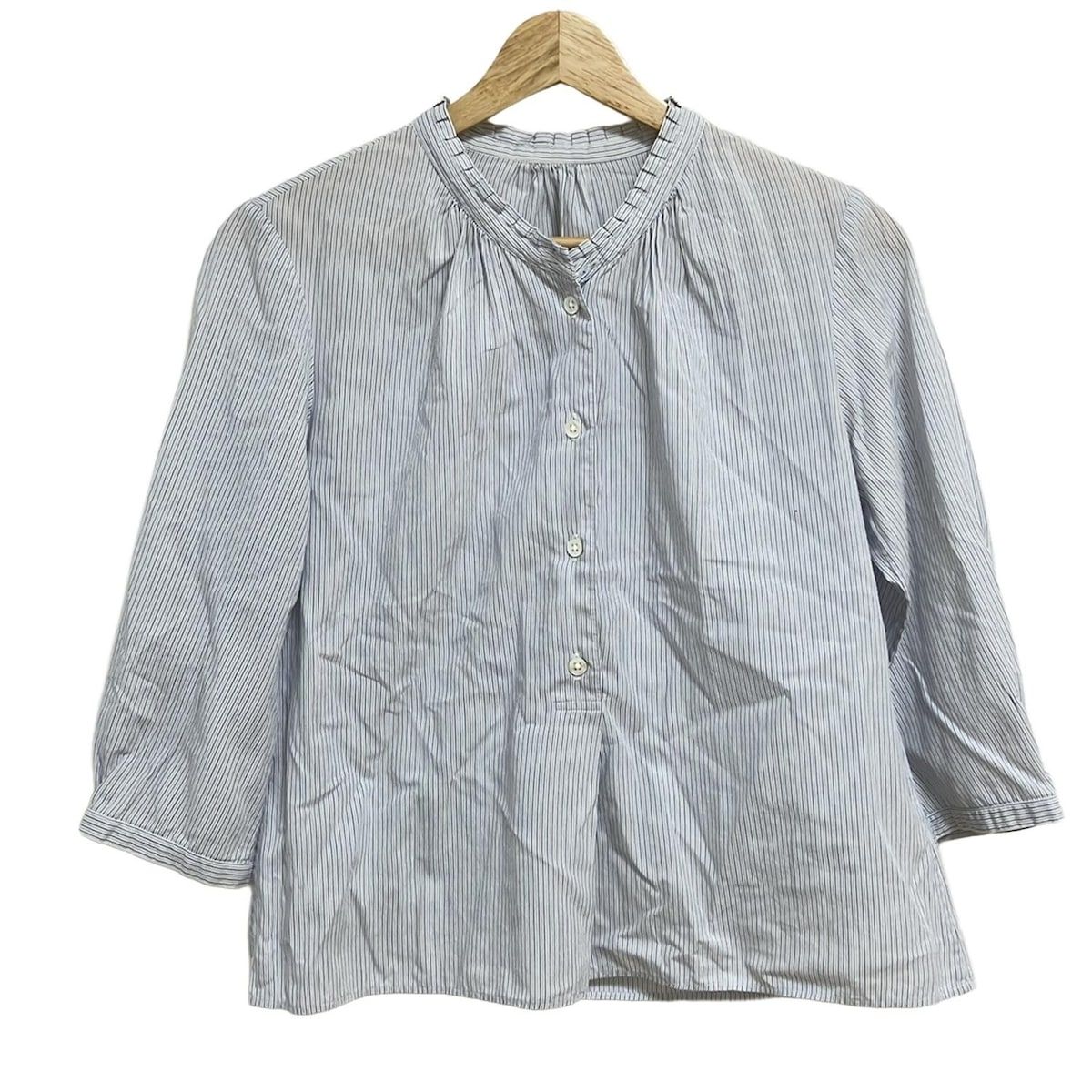 マーガレットハウエル 七分袖シャツブラウス サイズ1 S レディース - 白×ライトブルー×ダークネイビー ストライプ フリル