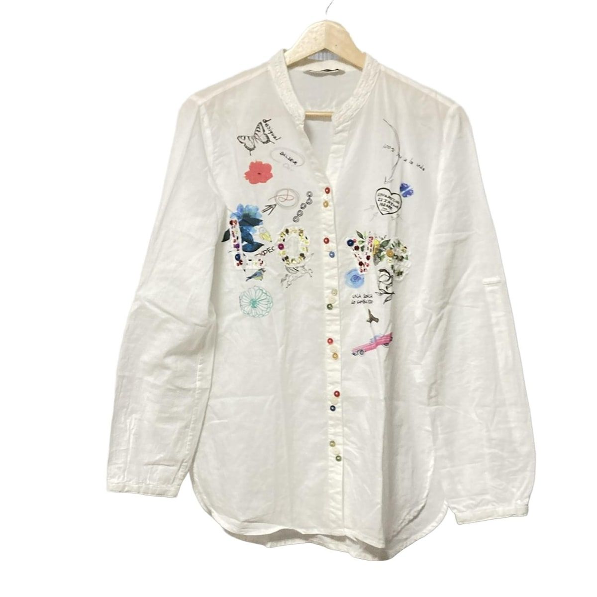 Desigual デシグアル 長袖シャツブラウス サイズM レディース - 白×マルチ スパンコール ビーズ 花柄 バタフライ 蝶 鳥