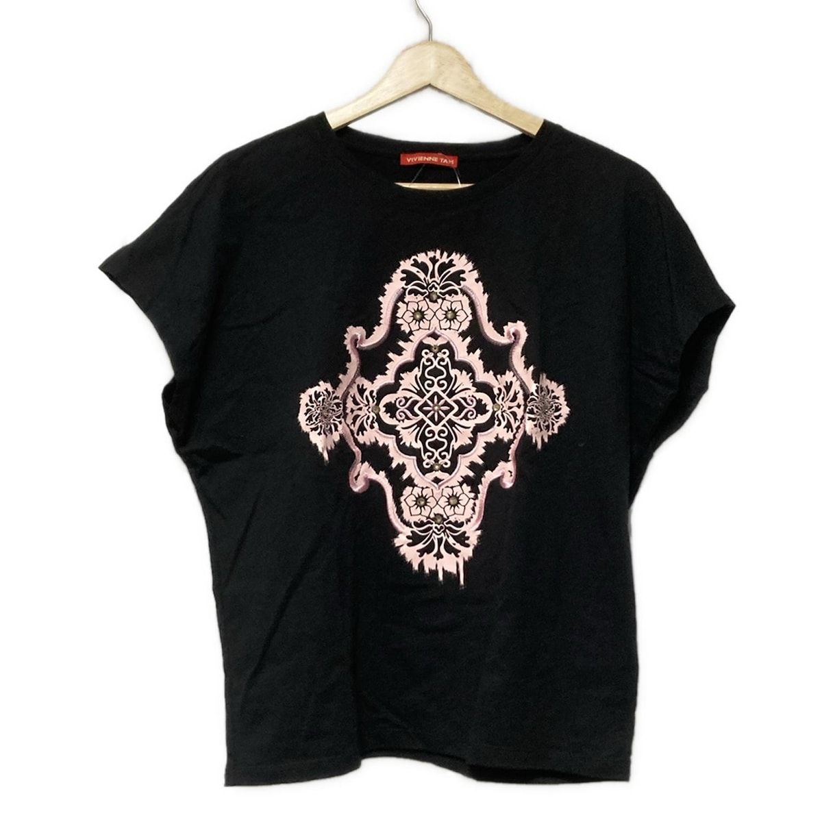 VIVIENNE TAM ヴィヴィアンタム 半袖Tシャツ サイズ38 M レディース - 黒×ライトピンク クルーネック ラインストーン
