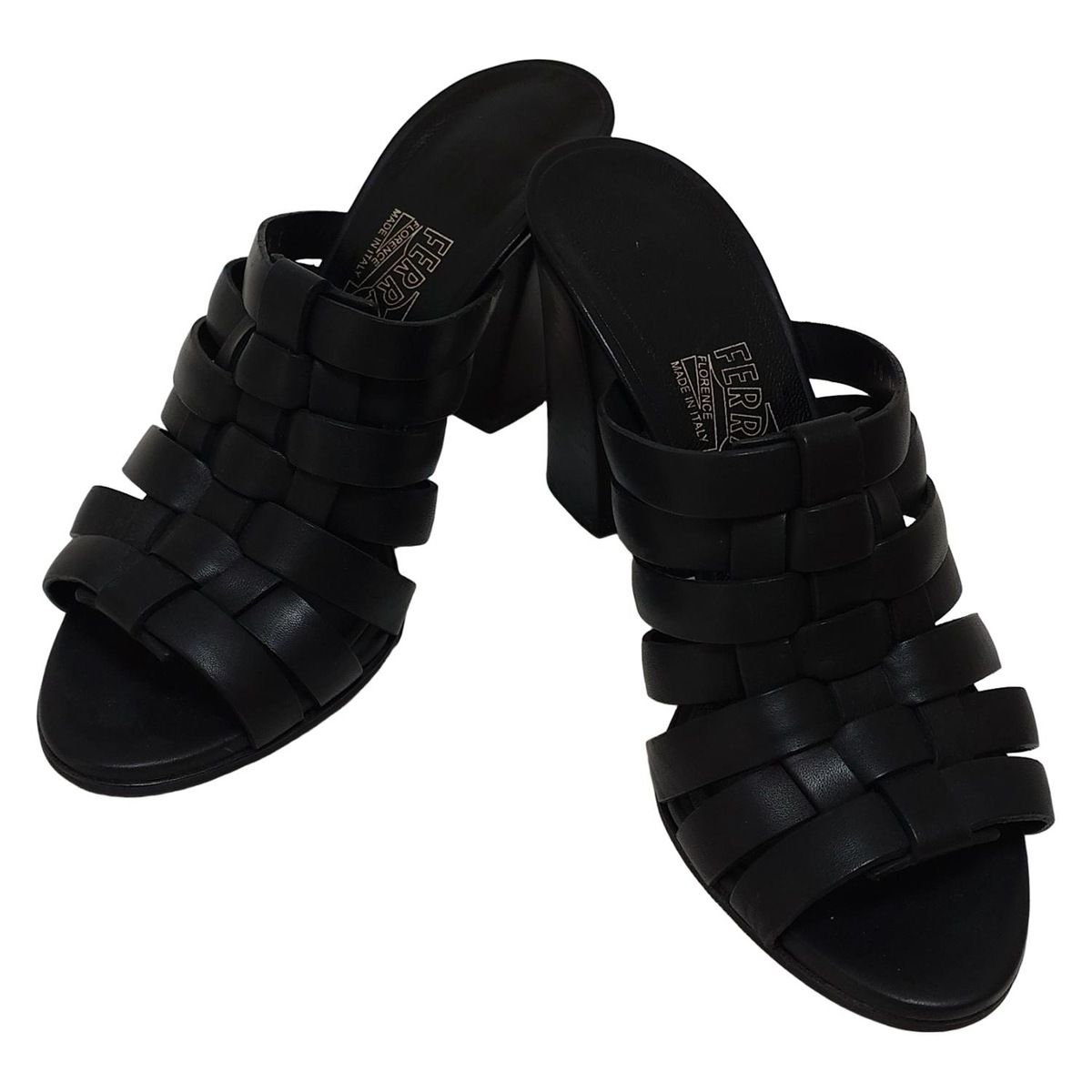 SalvatoreFerragamo サルバトーレフェラガモ ミュール 5 1 2 C レディース - 黒 編み込み アウトソール張替済 レザー