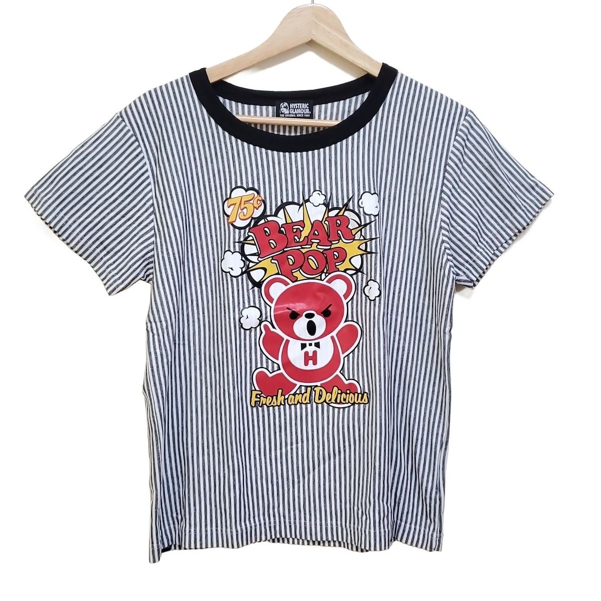 HYSTERIC GLAMOUR ヒステリックグラマー 半袖Tシャツ サイズF レディース - 白×ダークグレー×マルチ クルーネック ストライプ クマ