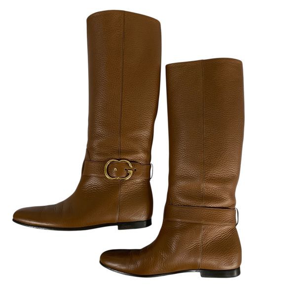  グッチ GUCCI ロングブーツ GGバックル ライディングブーツ風 インターロッキングG ブラウン レザー 36 1 2 23.5 cm レディース 5 E 245 ロングブーツ ブーツ