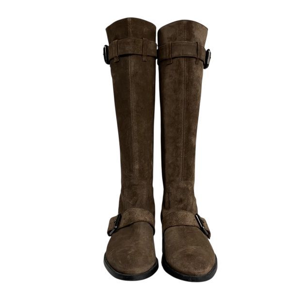 トッズ TOD S ロングブーツ バックル付き ローヒール ライディングブーツ風 ブラウン スエード 36 23cm レディース 5E243