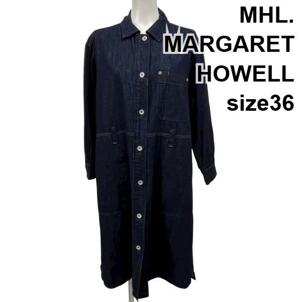 エムエイチエル MHL. デニム シャツ ドレス ワンピース ロング CANTON LIGHT DENIM 長袖 ネイビー コットン100％ 36 レディース S5X052