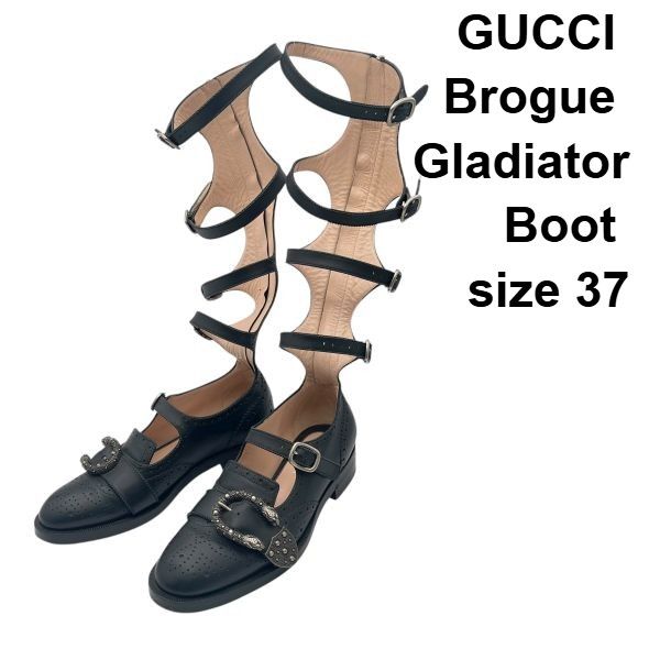 グッチ GUCCI ブーツ クイアコア ブローグ 穴飾り グラディエーターBrogue Gladiator 黒 37 約24cm レディース S5X057