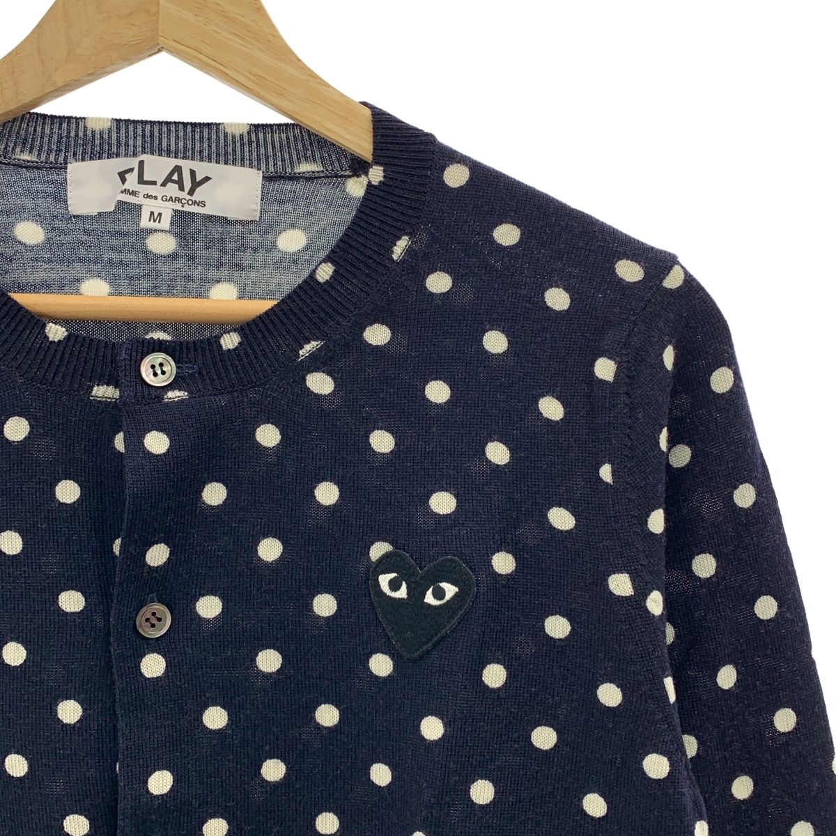 PLAY COMME des GARCONS プレイコムデギャルソン AD 2013 ウール ドット ハートロゴワッペン クルーネック ニットカーディガン M ネイビー レディース