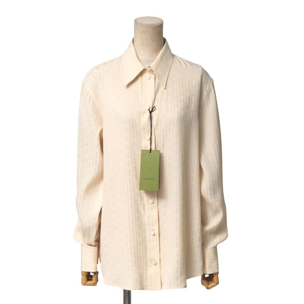 製 GUCCI グッチ ブラウス サイズ40 165 88Y ホースビット 総柄 ストライプ 総シルク 長袖 シャツ 20251105 RA6538