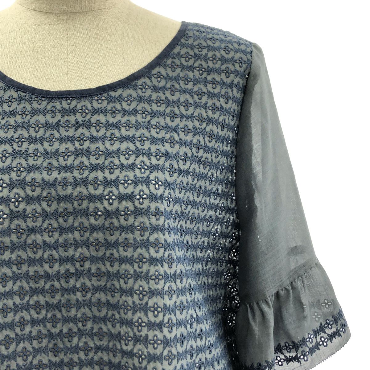 mina perhonen ミナペルホネン beads garden ビーズガーデン エンブロイダリー ボリュームスリーブ ワンピース 36 グレー ネイビー レディース