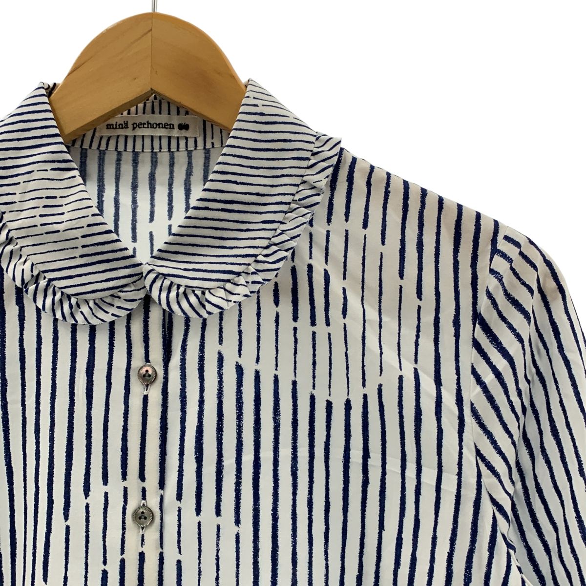 mina perhonen ミナペルホネン 2025-26 a w misty flower フラワー ストライプ ラウンド シャツ 40 ネイビー ホワイト レディース