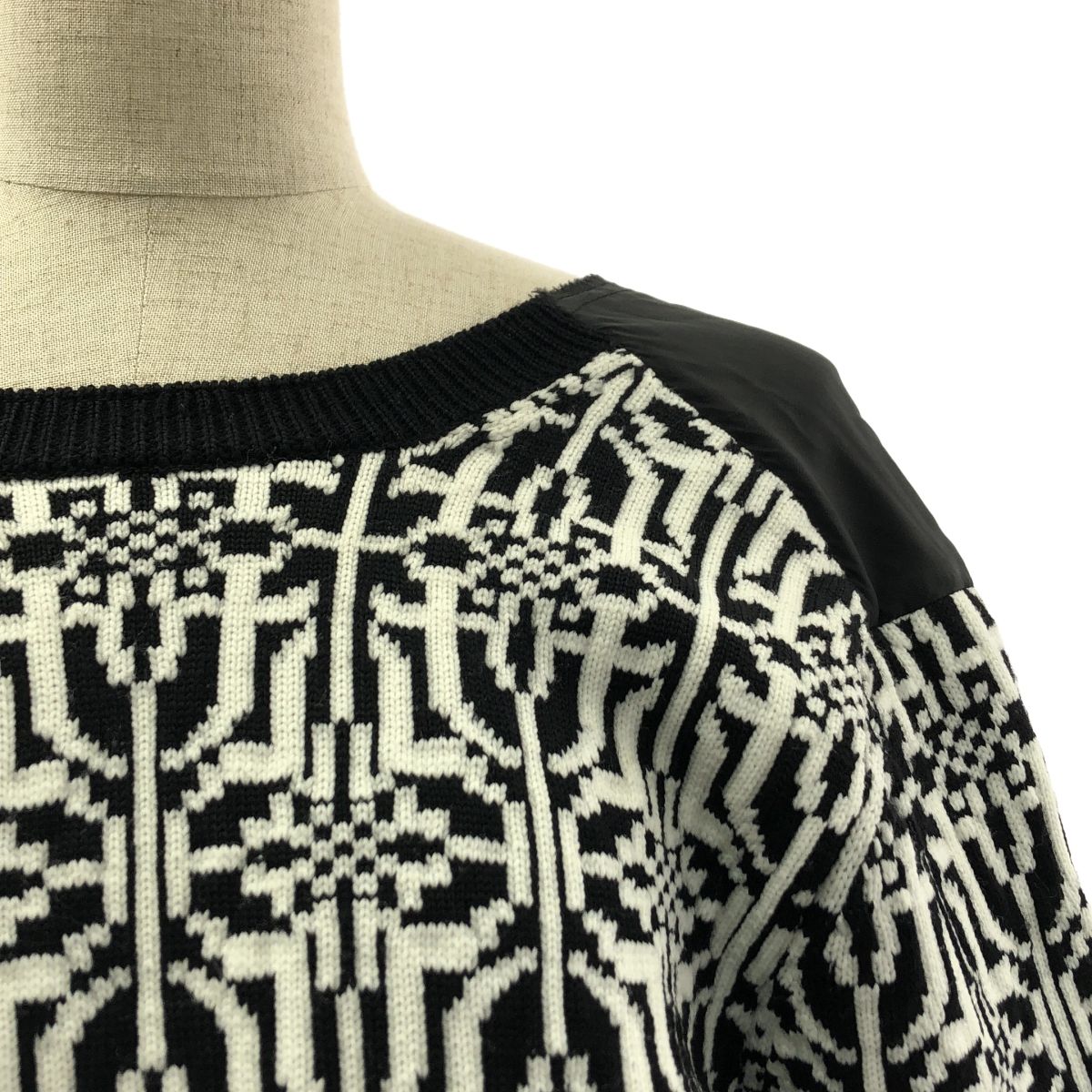 COMME des GARCONS コムデギャルソン 2021 AW 異素材 切替 ジャガード クルーネック ニット セーター S ブラック-ホワイト レディース