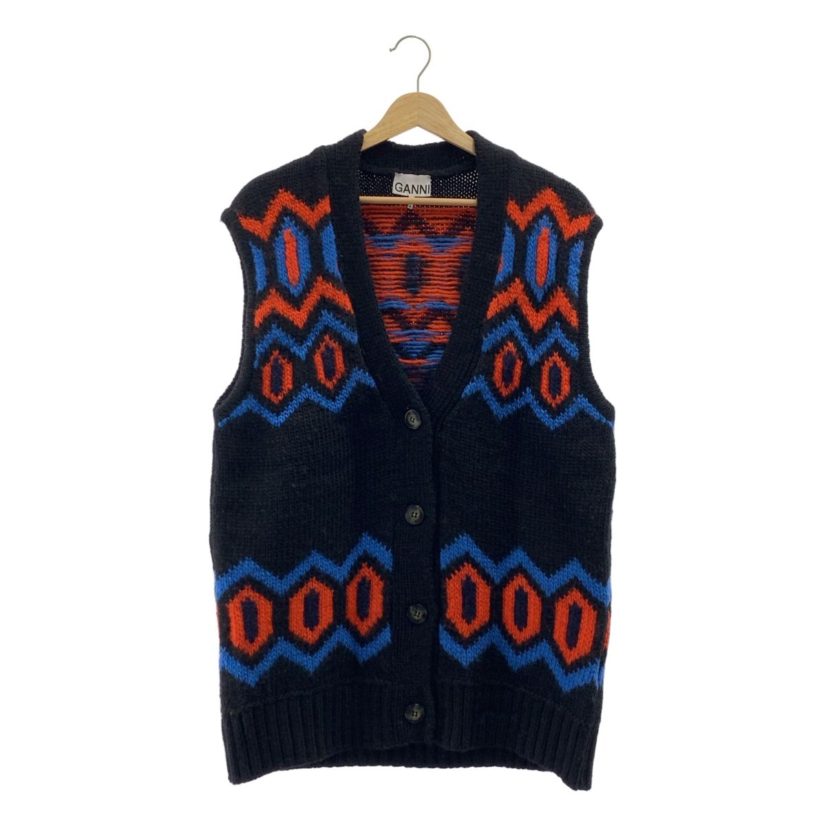Ganni ガニー Chunky Graphic wool vest ウール インターシャ ニット ベスト ブラック オレンジ ブルー レディース