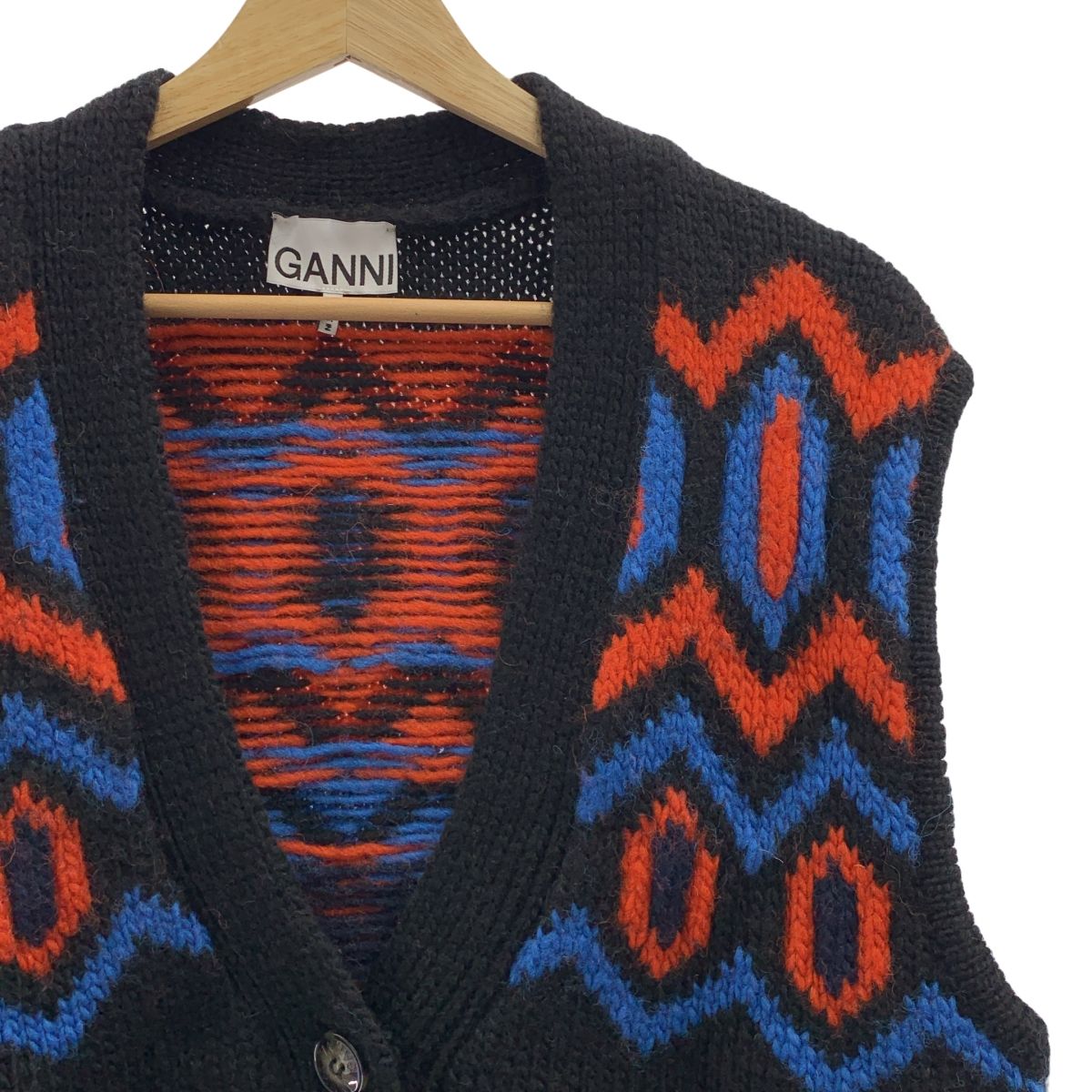 Ganni ガニー Chunky Graphic wool vest ウール インターシャ ニット ベスト ブラック オレンジ ブルー レディース