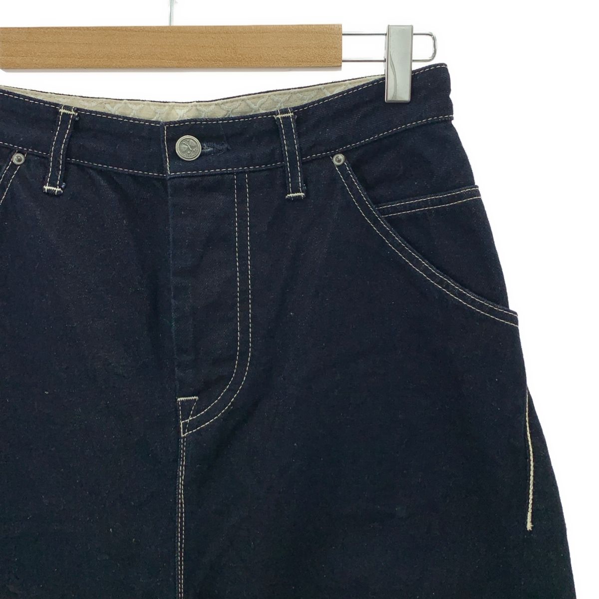 mina perhonen ミナペルホネン always レザーパッチ 濃紺デニムパンツ 34 インディゴ レディース