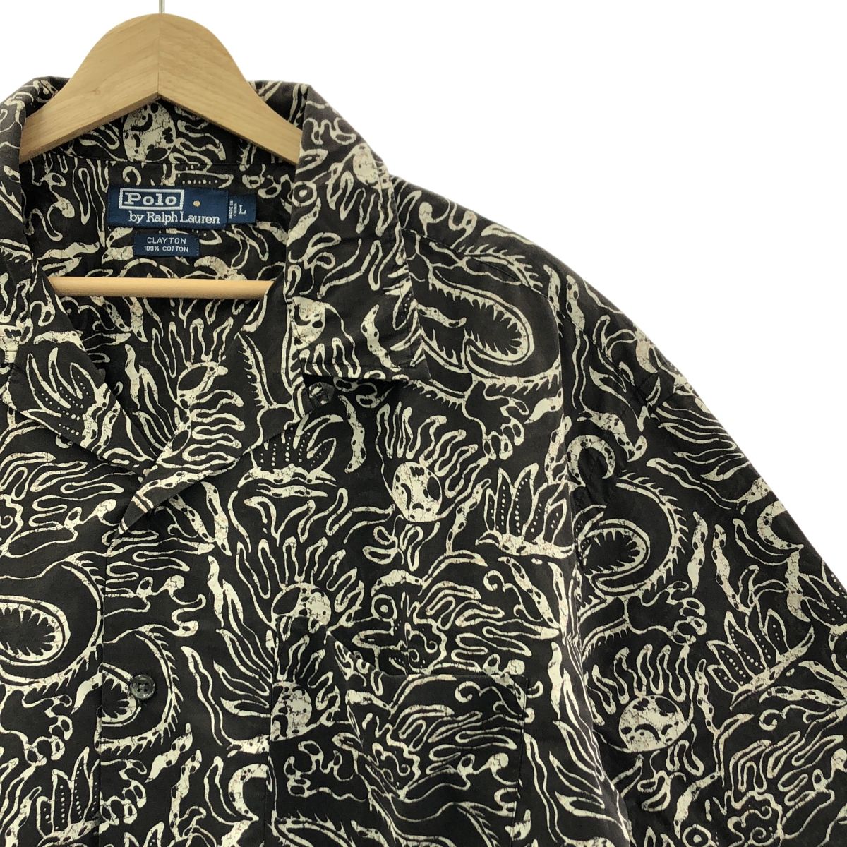 POLO BY RALPH LAUREN ポロバイラルフローレン ヴィンテージ CLAYTON コットン ドラゴン柄 オープン 半袖シャツ L ブラック系 メンズ