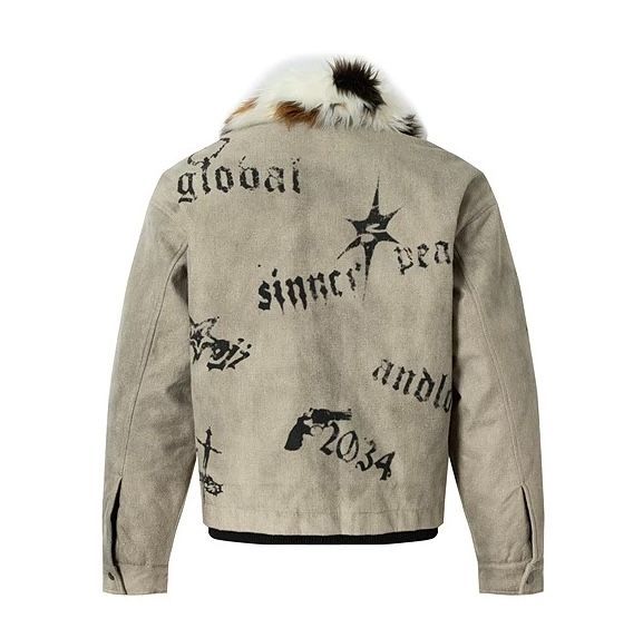 h 冬季 ｜ユニセックス アートグラフィック ファー 中綿ジャケット ストリート×ハイストリート｜個性派デザイン｜防寒アウター