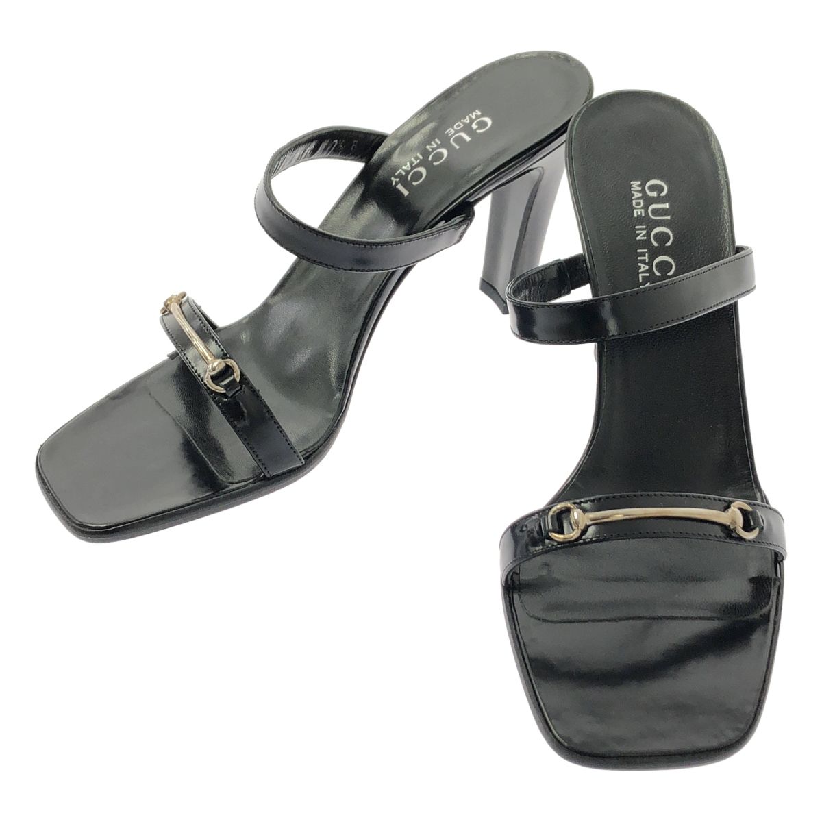 GUCCI グッチ レザー ホースビット ヒール サンダル 7 1 2 ブラック レディース
