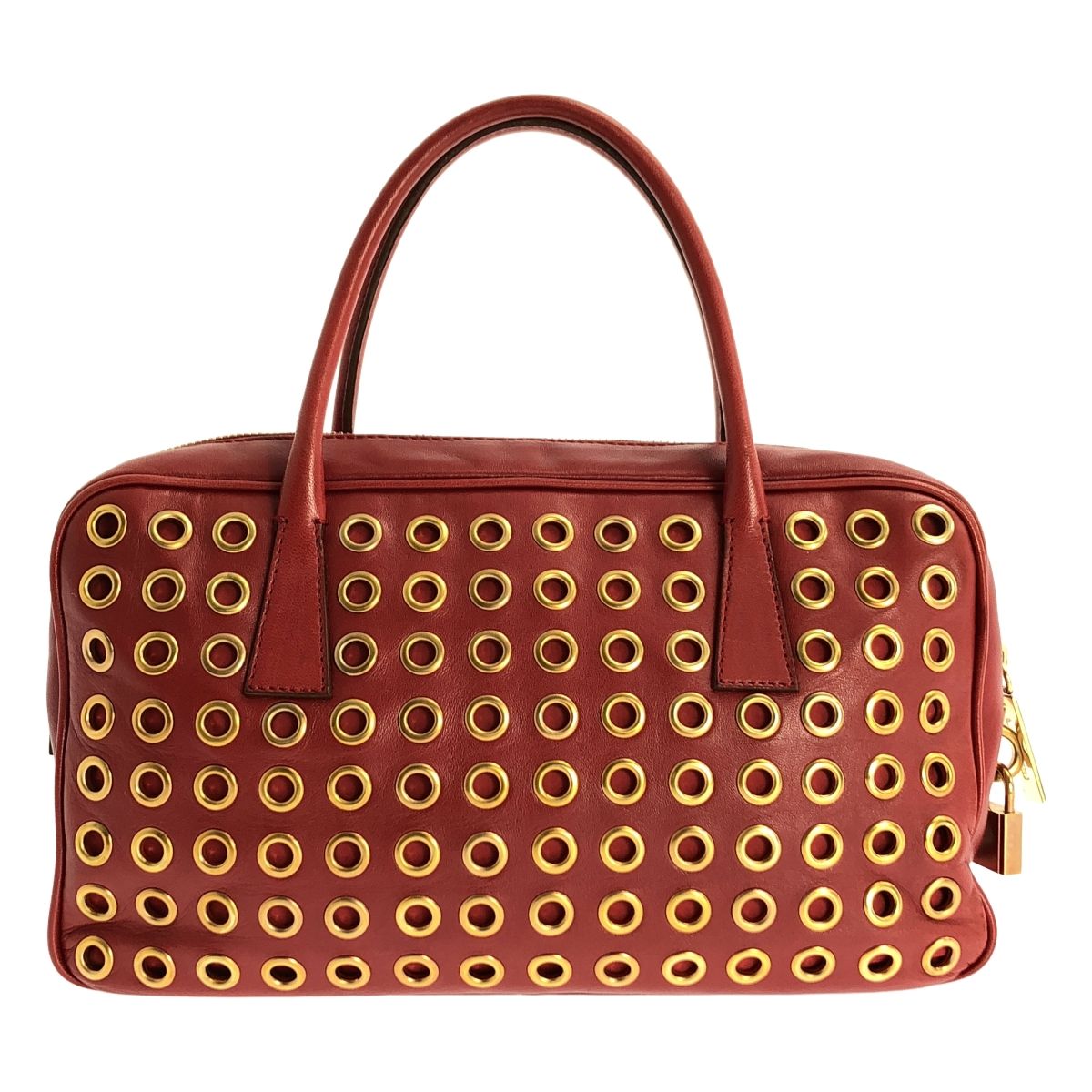 PRADA プラダ レザー スタッズ 三角プレートロゴ ハンドバッグ ボルドー ゴールド レディース