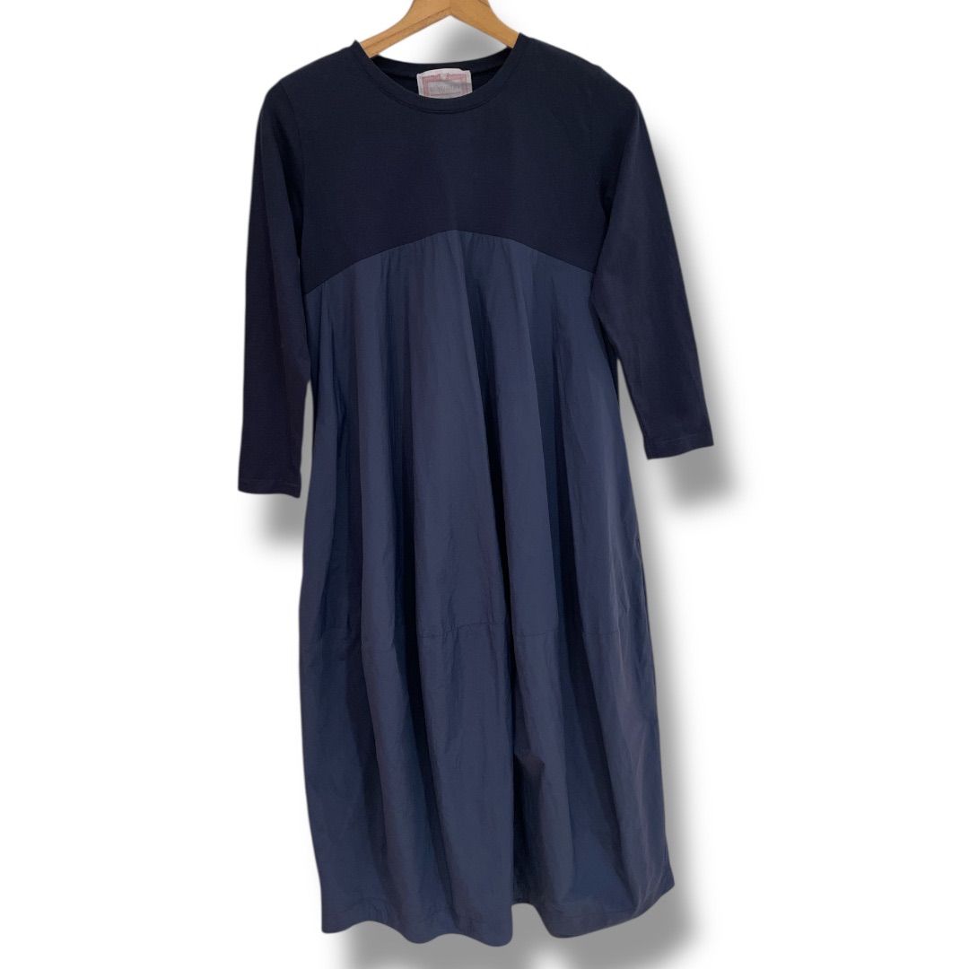 ビアズリー 七分袖コクーンマルワンピース 製 バルーン状 丸いシルエット 胸下切り替え リラックス感 ネイビー 紺 サイズ1 レディース 秋 ゴーゴー古着セントラルパー NO 1420