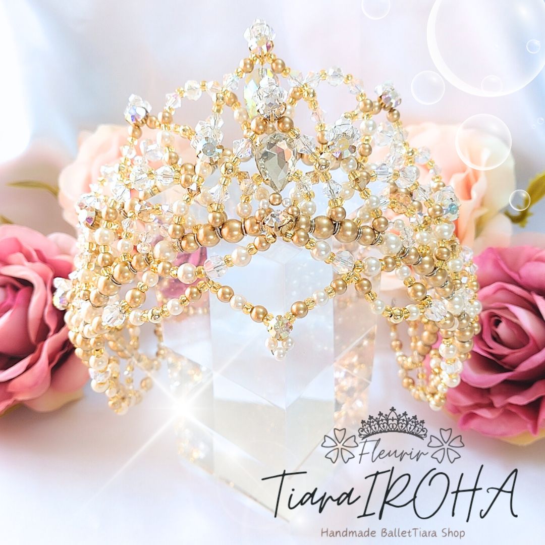 バレエ ティアラ 2連ティアラ ゴールド クリスタル 大人用 コーム付