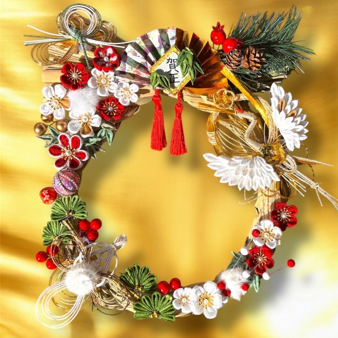 2026 正月 しめ縄飾り 〜鶴亀吉兆 黄金の朝〜 つまみ細工 正月リース