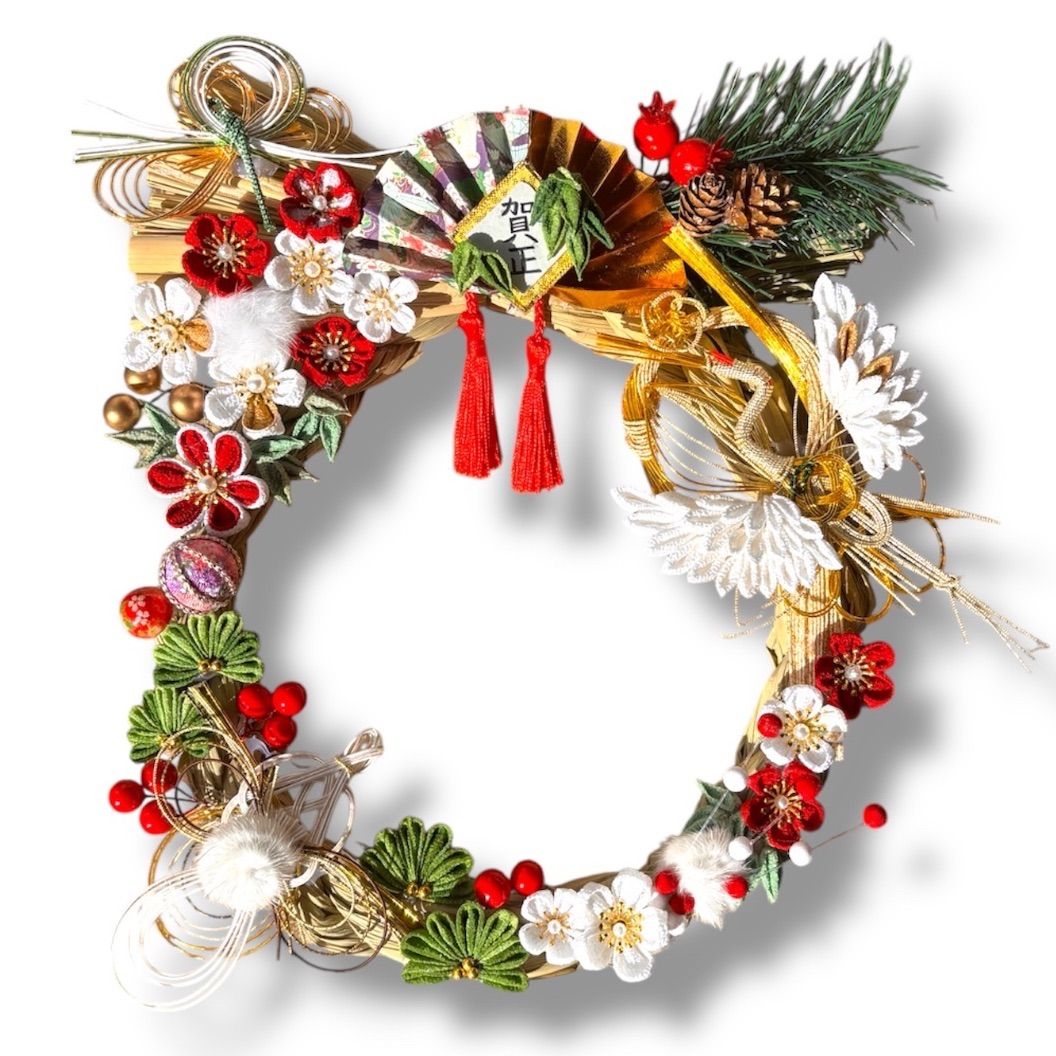 2026 正月 しめ縄飾り 〜鶴亀吉兆 黄金の朝〜 つまみ細工 正月リース