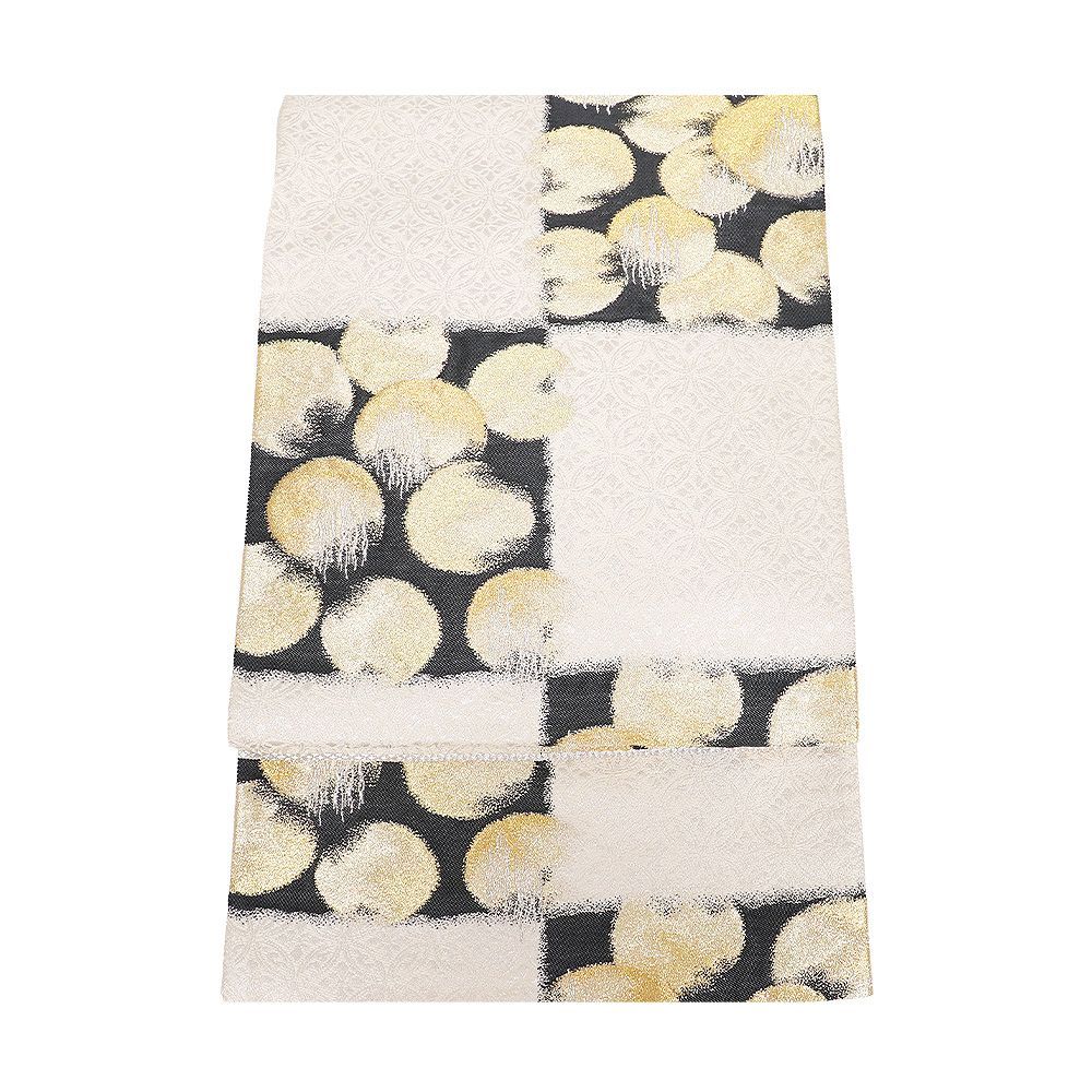 礼装用 袋帯 正絹 ベージュ 墨黒 七宝文 格子縞 金 銀 満月 霞 Mサイズ F8384 レディース シルク フォーマル 30代 40代 50代