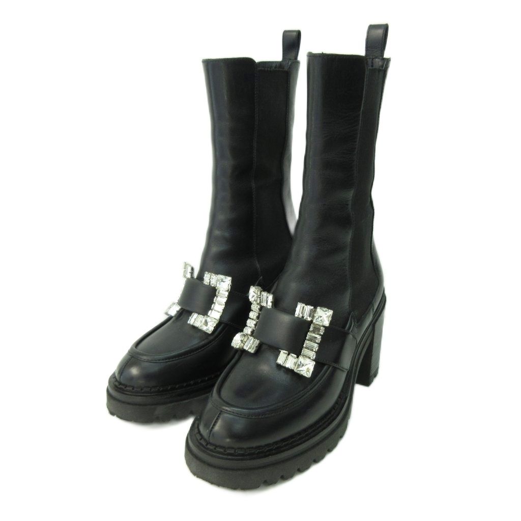 セルジオロッシ Sergio rossi 23AW バイカープリンス サイドゴアブーツ クリスタル ビジュー 黒 ブラック 35.5 約22.5cm