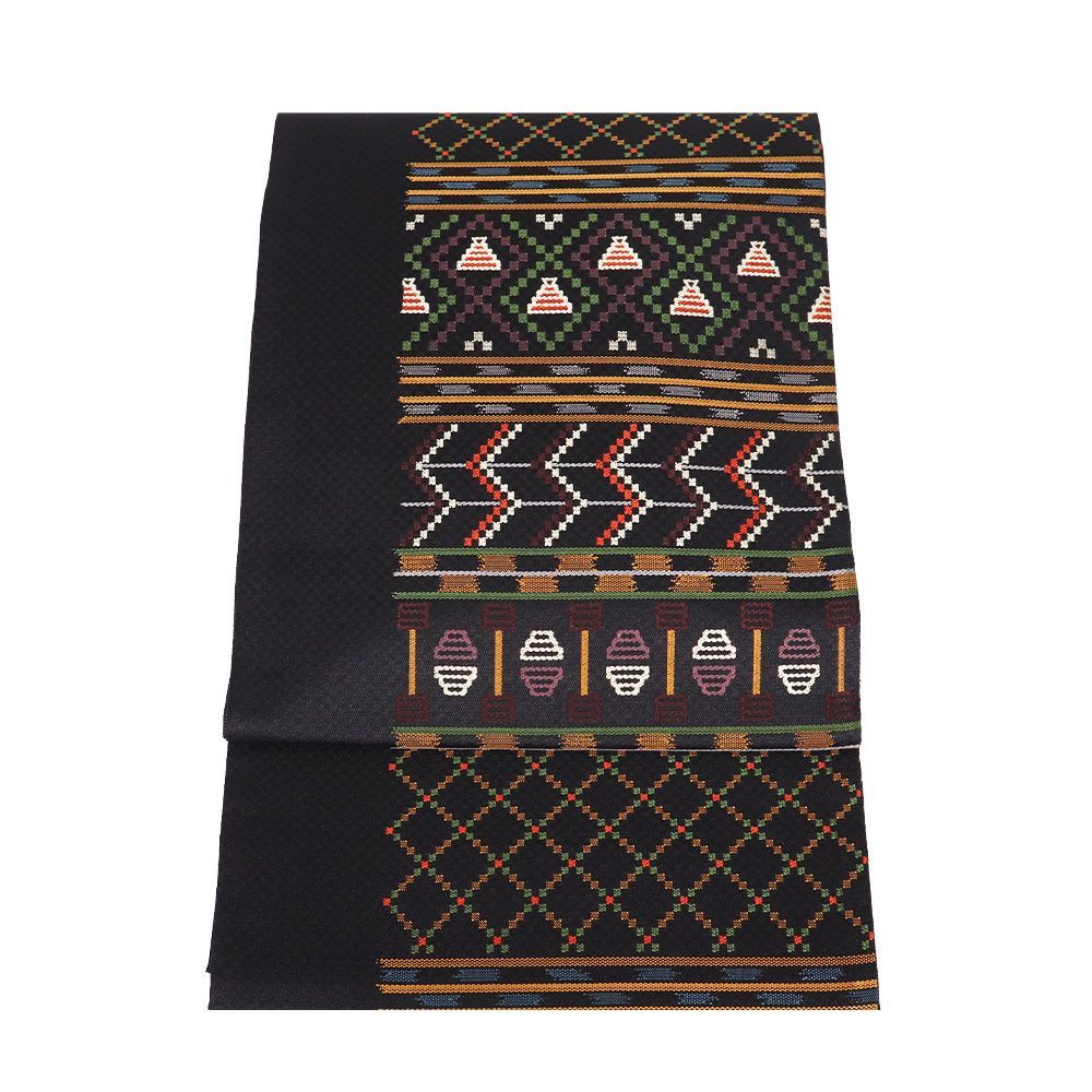 お洒落訪問着用 袋帯 正絹 竹屋町花織 黒 花織柄 幾何模様 Lサイズ F8388 レディース シルク ギフト カジュアル