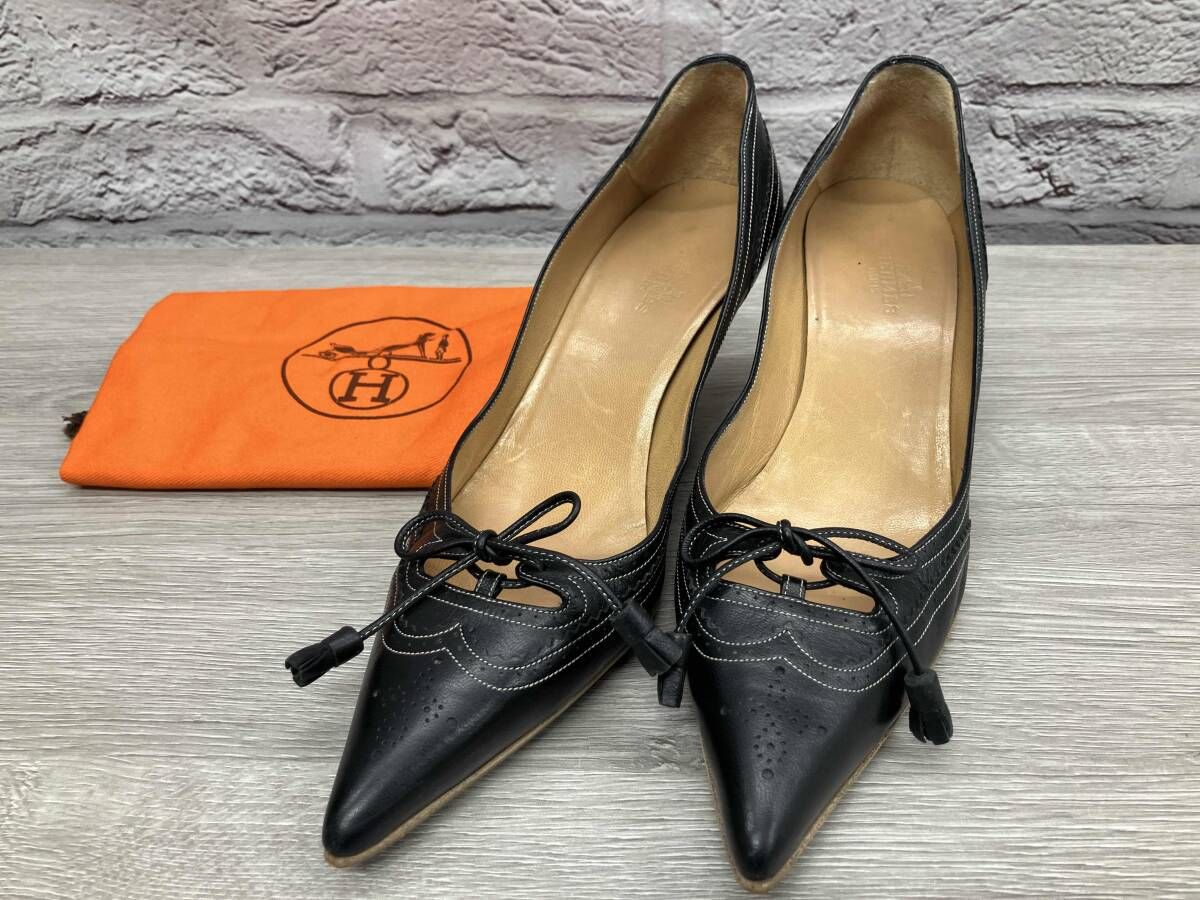 HERMES パンチングレディースシューズ パンプス 表記サイズ36 1 2 ブラック 保存袋付き