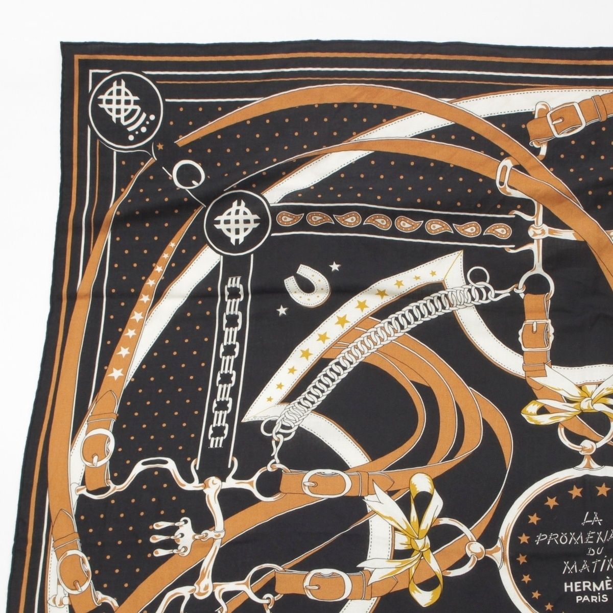 エルメス カレジェアン カシミヤ シルク カレ140 LA PROMENADE DU MATIN 朝の散歩 ストール ブラック×ブラウン