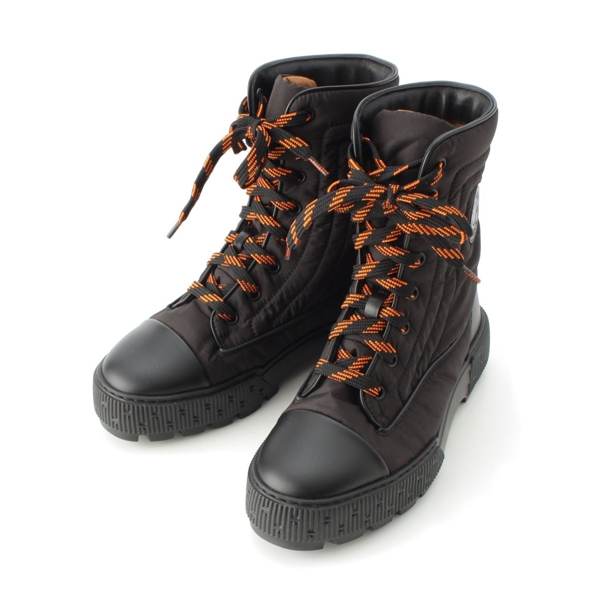 エルメス ナイロン レザー フレッシュ レースアップ 編み上げ ショート ブーツ シューズ ブラック 36