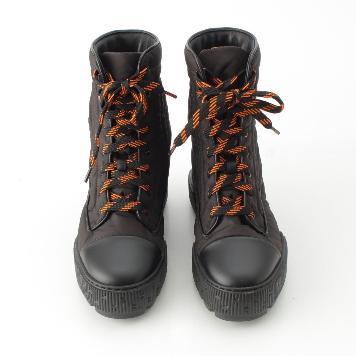 エルメス ナイロン レザー フレッシュ レースアップ 編み上げ ショート ブーツ シューズ ブラック 36