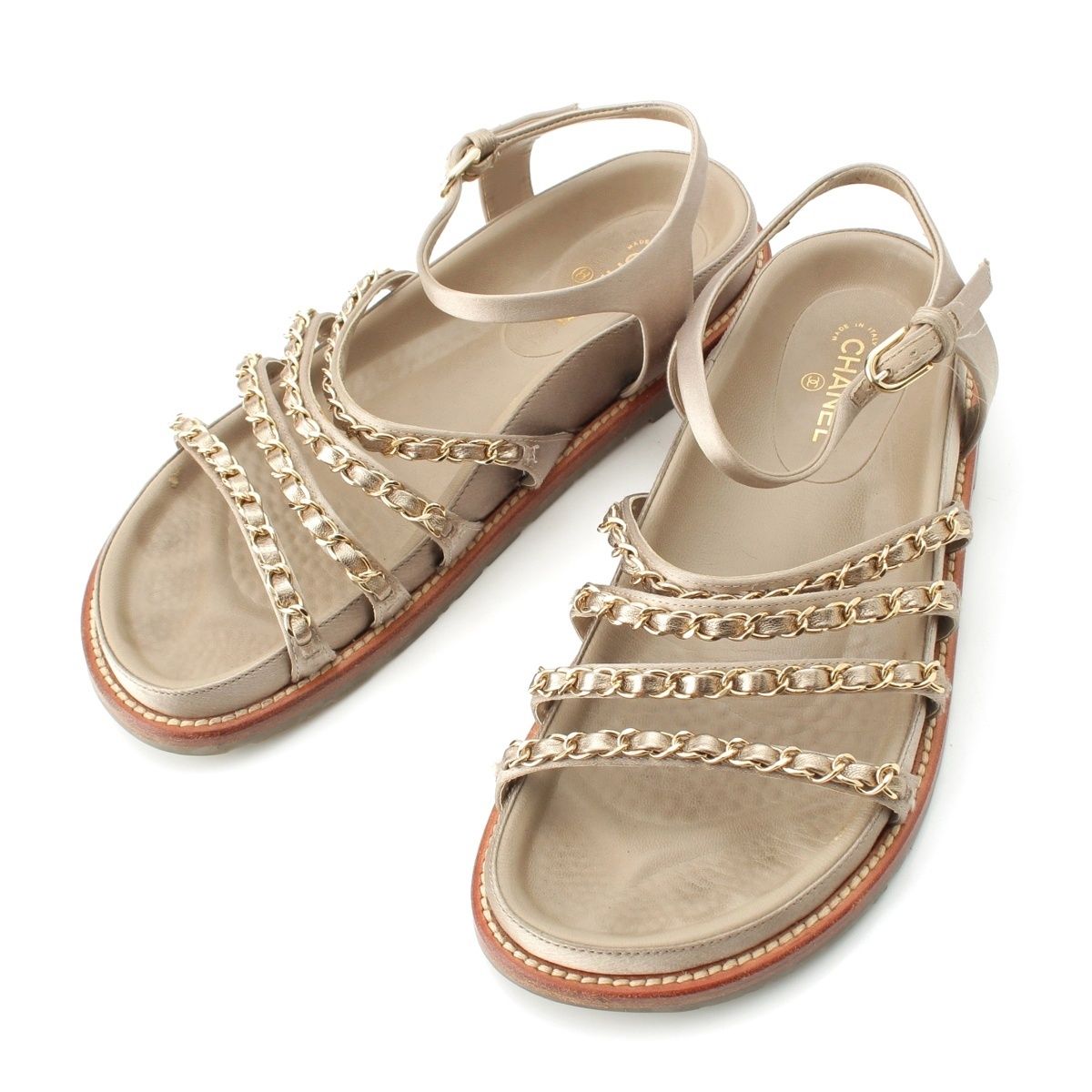 シャネル レザー チェーン ココマーク サンダル ゴールド 37