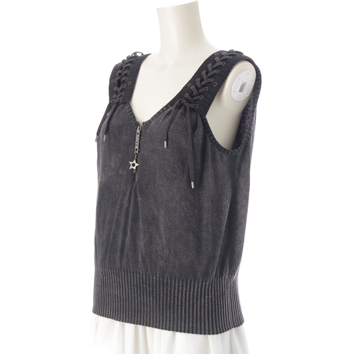 ディオール 2004年 コットン ガリアーノ レースアップ ロゴ ハーフジップ ニット カットソー トップス グレー系 F 42