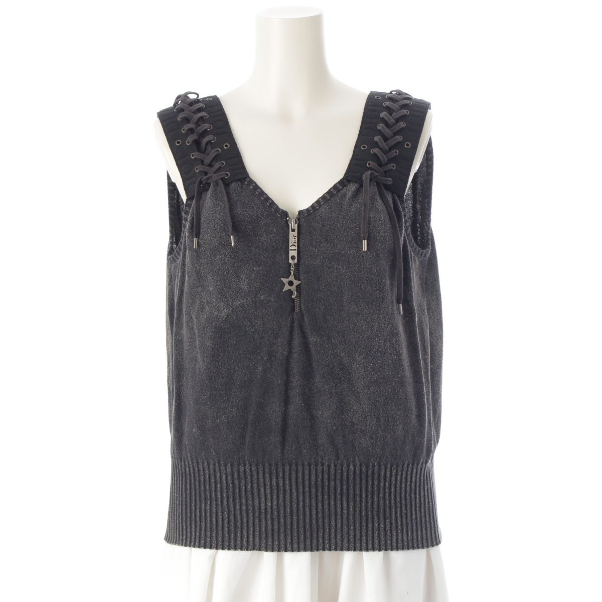 ディオール 2004年 コットン ガリアーノ レースアップ ロゴ ハーフジップ ニット カットソー トップス グレー系 F 42