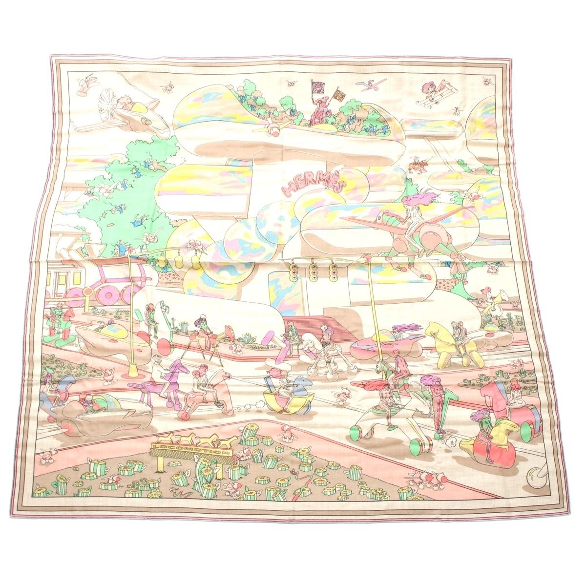 エルメス カレ140 カシミヤ シルク カレジェアン LOCOMOTION ロコモーション ストール ベージュ系 マルチ