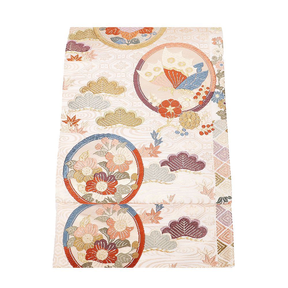 礼装用 袋帯 正絹 クリーム 金箔 唐織 蝶 桐 唐花 松竹梅 菊 桜 Mサイズ F8394 レディース シルク ギフト フォーマル