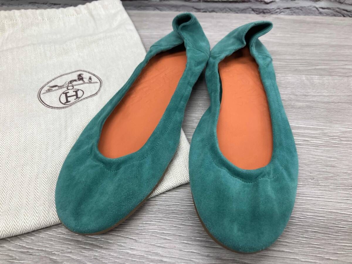 HERMES スエード フラットシューズ グリーン 25.5cm