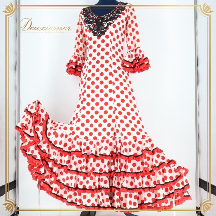 フラメンコ 衣装 ソニアジョーンズ SONIA JOHNES ワンピース ドレス 赤 白 ボランテ フリル 水玉 ドット 黒 レッド系 ホワイト系 フラメンコドレス おしゃれ パーティ 衣装 女性用