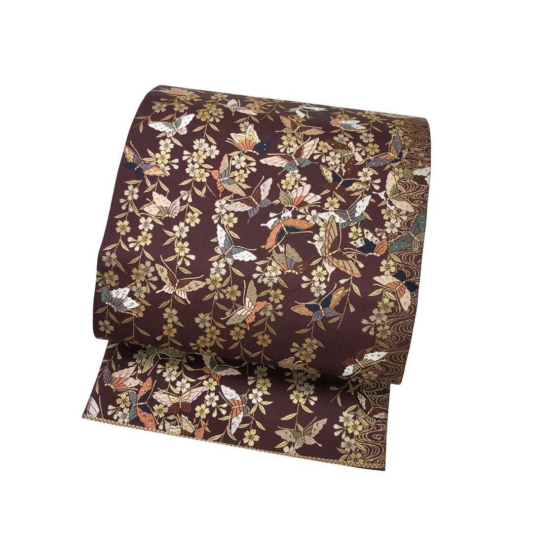 袋帯 百壽 枝垂桜に蝶々 流水 黒紅梅色 金糸 O-5679