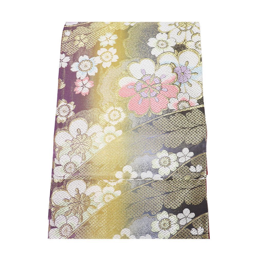 品質が完璧、値段が激安！ 振袖用 袋帯 正絹 紫 オレンジ 金 グレー 暈し 桜 梅 Lサイズ F8400 レディース シルク ギフト フォーマル 成人式