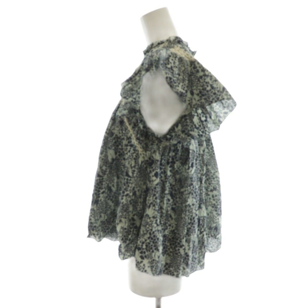 シーニューヨーク sea YORK シャツ ブラウス 半袖 総柄 花柄 S ライトグリーン 紺 ネイビー AN 39