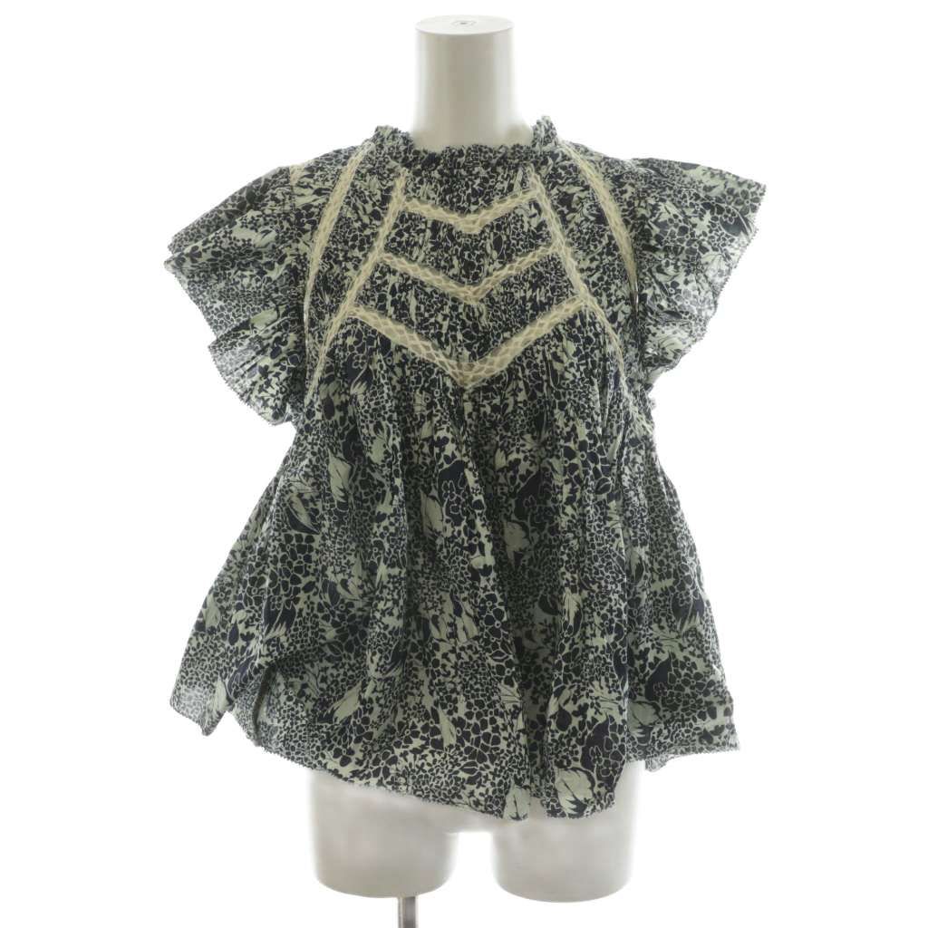 シーニューヨーク sea NEW YORK シャツ ブラウス 半袖 総柄 花柄 S ライトグリーン 紺 ネイビー AN39