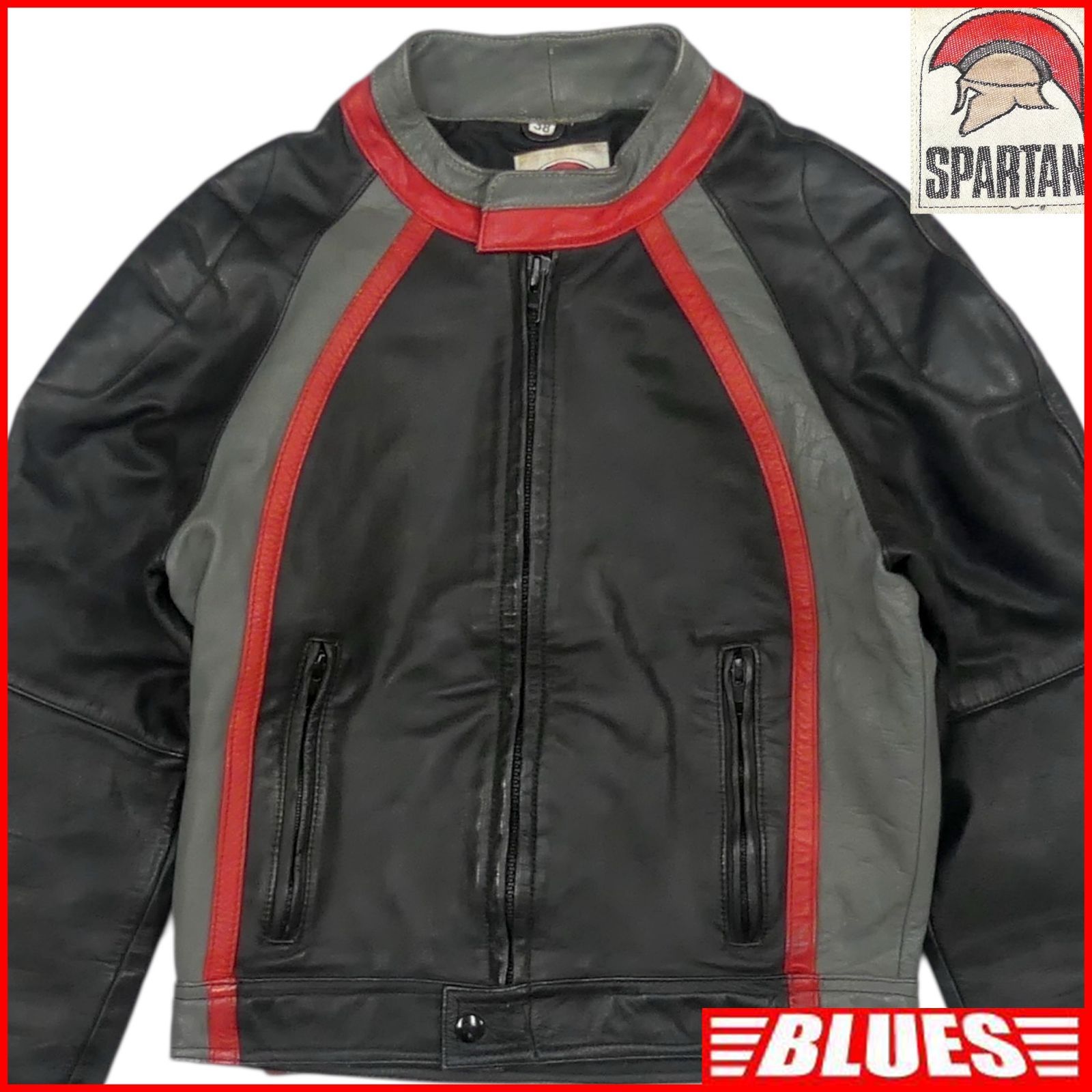SPARTAN スパルタン ライダースジャケット M 本革 シングル メンズ レザージャケット 38 黒 グレー 赤 トリコロール バイク レザーライダースジャケットM一覧 SEULB屋着古 X8076