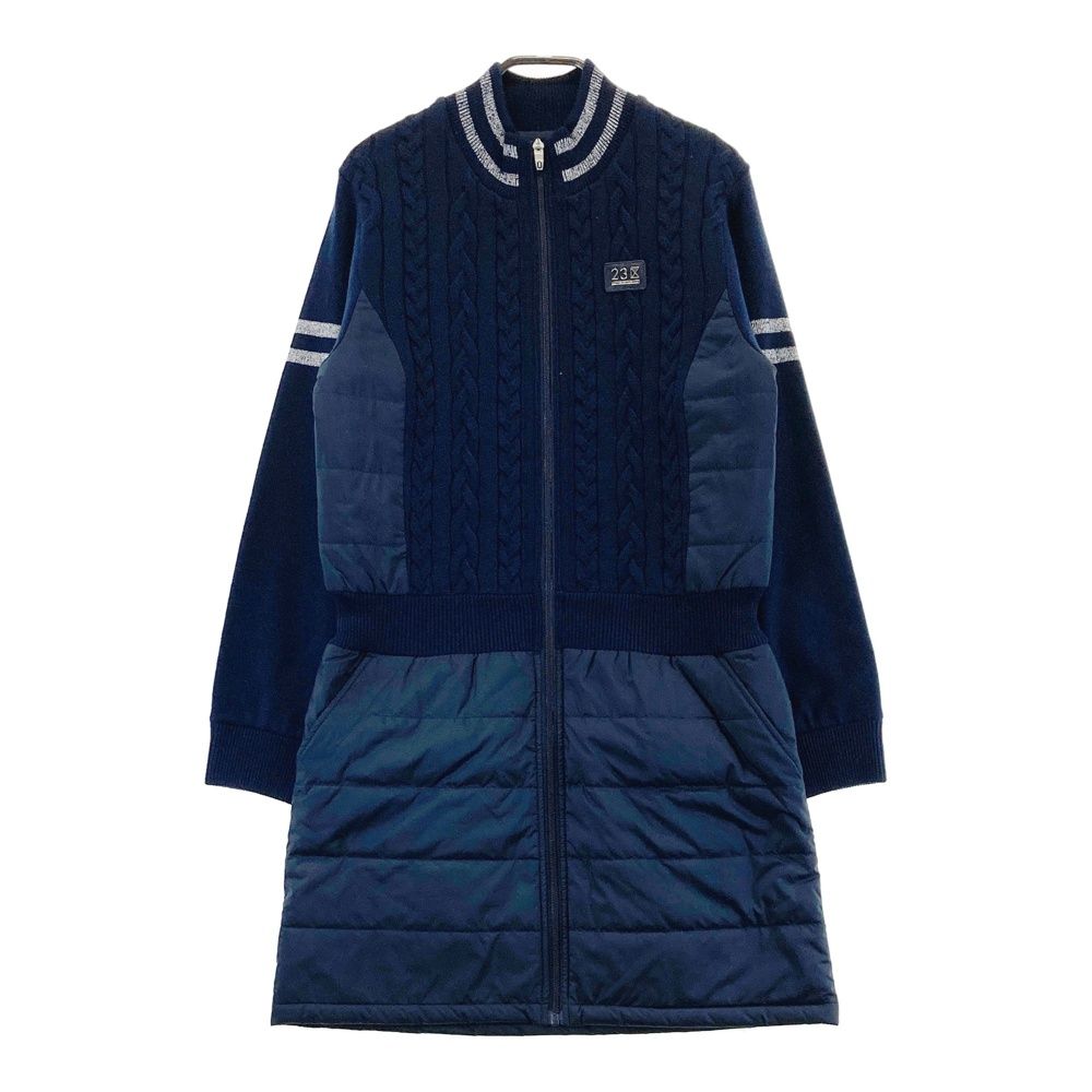 サイズ S-M 23区GOLF ニジュウサンクゴルフ ニット切替 中綿 長袖ワンピース ネイビー系 ゴルフウェア レディース ストスト