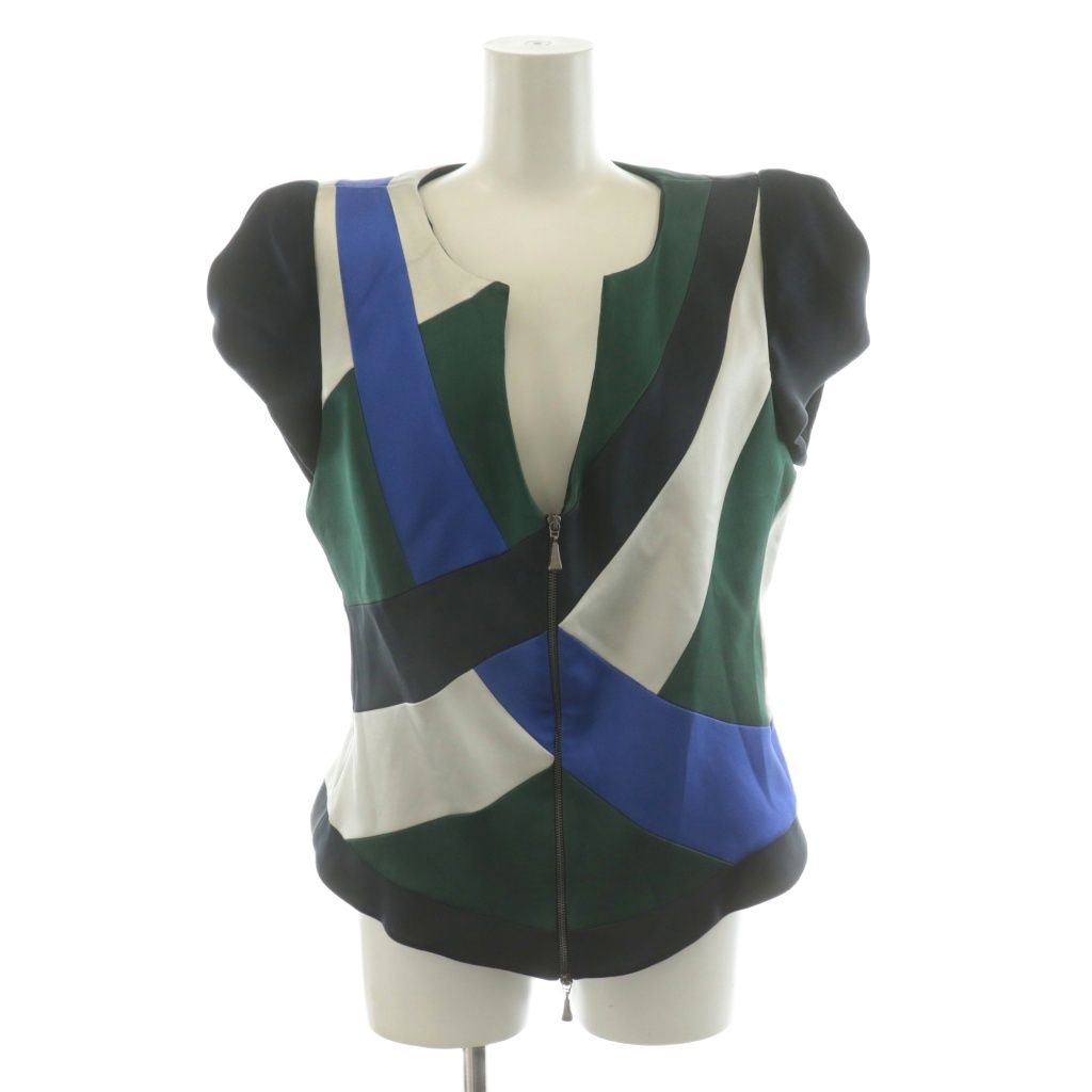 ジョルジオアルマーニ GIORGIO ARMANI シャツ ブラウス フレンチスリーブ ジップアップ シルク 44 緑 グリーン 青 ブルー 黒 ブラック AN27