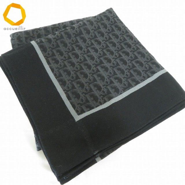 wxe クリスチャンディオール ChristianDior ストール ショール 大判 黒 グレー 総柄 トロッター ヴィンテージ レディース 957307 k01