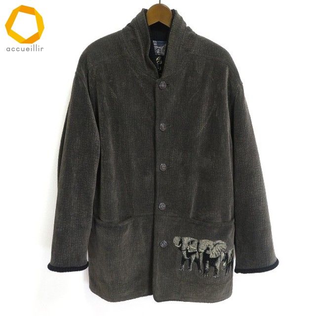 w イタリヤ 伊太利屋 GK ITALIYA コート フリー グレー系 ウール 毛 象プリント ゾウ柄 ロゴボタン メンズ 972601 k 01