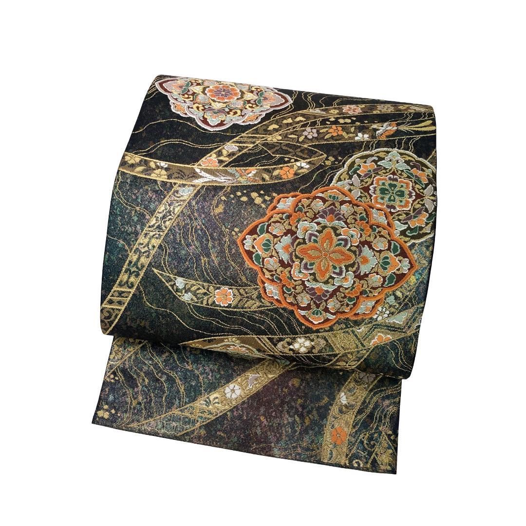 袋帯 流水小袖華文 熨斗に華柄模様 濃深藍色 金糸 O-5677