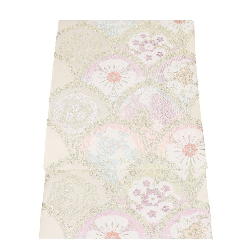 京都西陣 丸勇謹製 礼装用 西陣織袋帯 正絹 クリーム 紫 金 水色 ピンク 唐織 唐花 三つ割 笹 梅 青海波 Lサイズ F8405